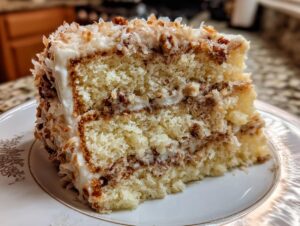 A close-up slice of moist white German chocolate cake layered with coconut-pecan filling and topped with white frosting and toasted coconut.