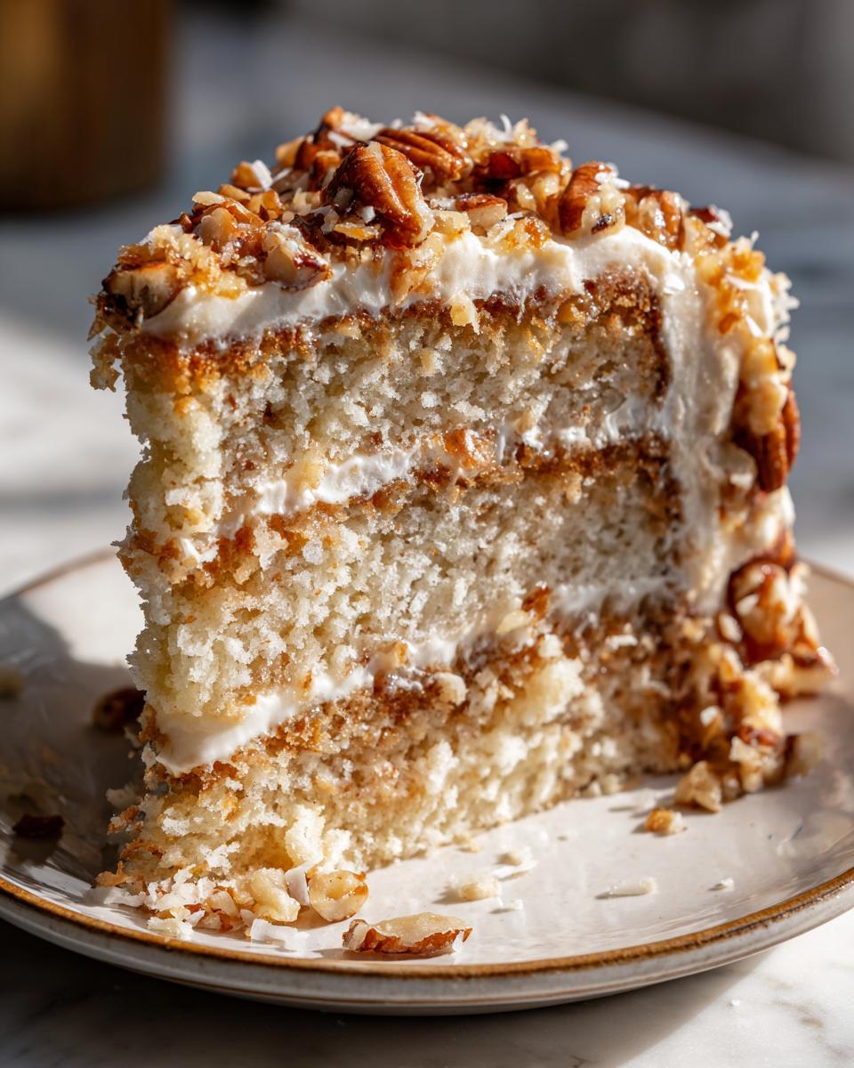 A tall slice of white German chocolate cake layered with frosting and topped with pecans and coconut.