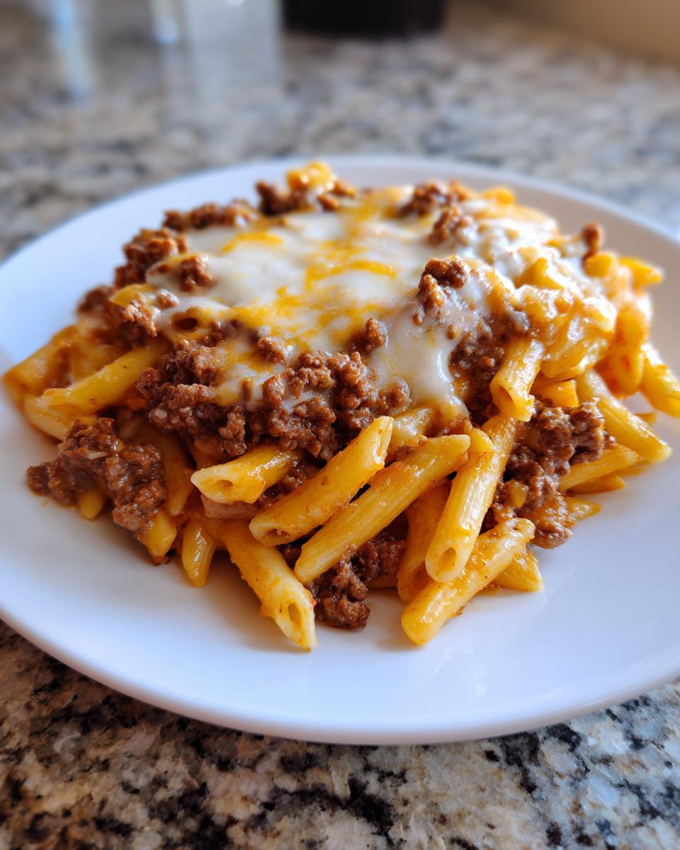 A close-up of a serving of cheesy beef pasta made with penne noodles and ground beef sauce.