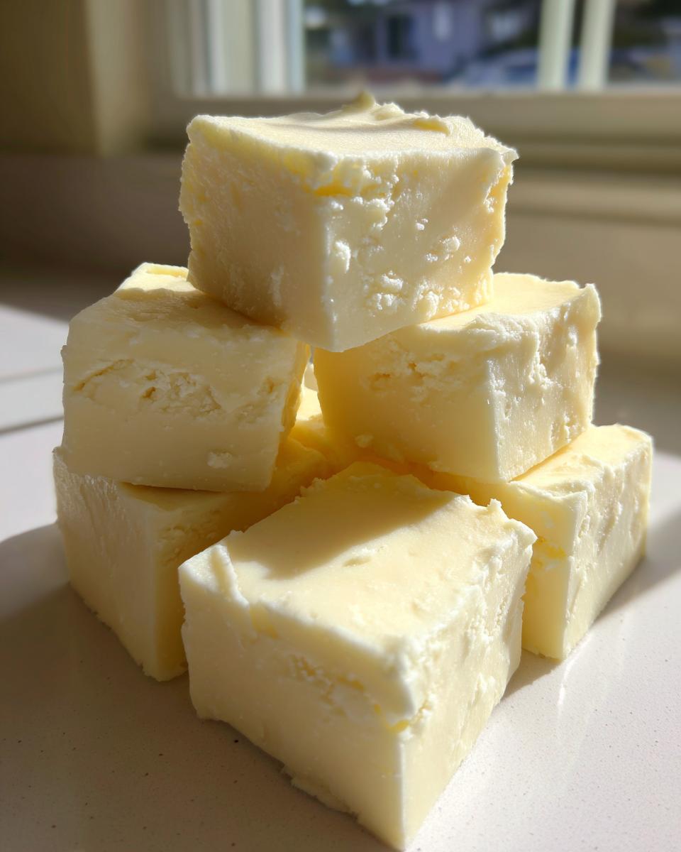 A stack of creamy, pale yellow cubes of homemade white chocolate fudge sitting on a light surface near a window.
