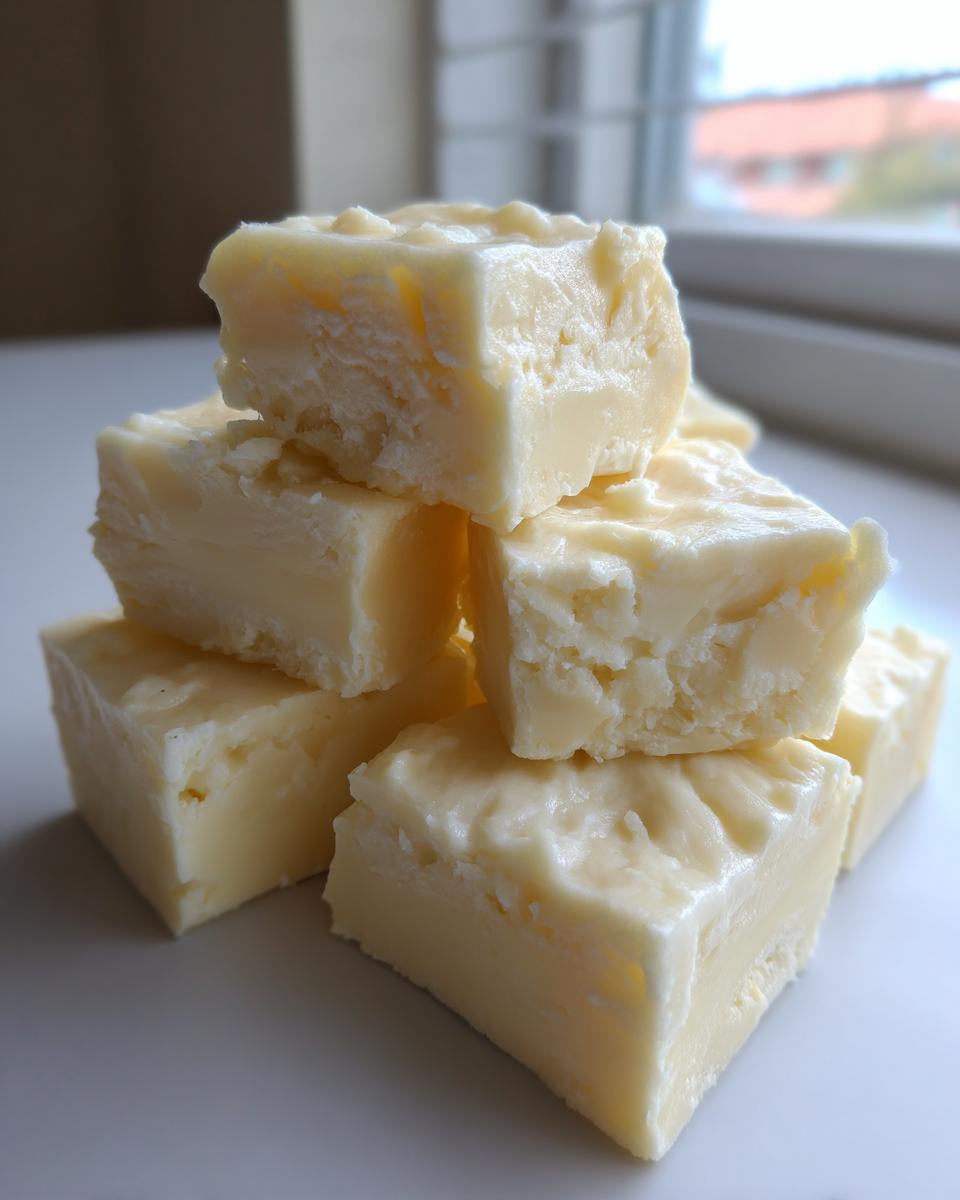 A small stack of creamy, pale yellow white chocolate fudge squares sitting on a white surface near a window.