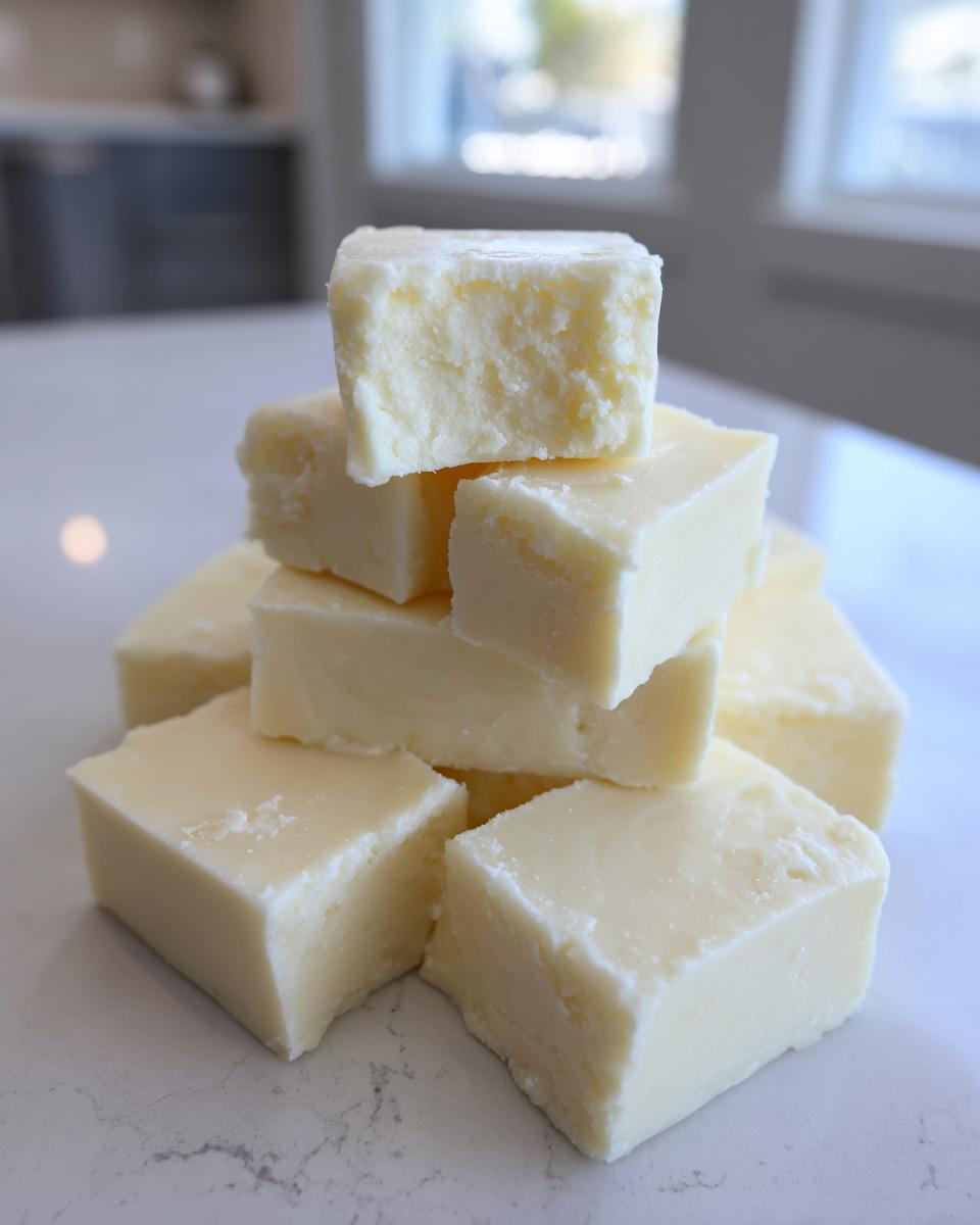 A close-up stack of creamy, pale yellow white chocolate fudge squares resting on a light countertop.