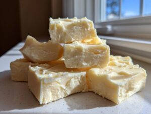 A stack of creamy, pale yellow squares of homemade white chocolate fudge sitting on a countertop near a window.