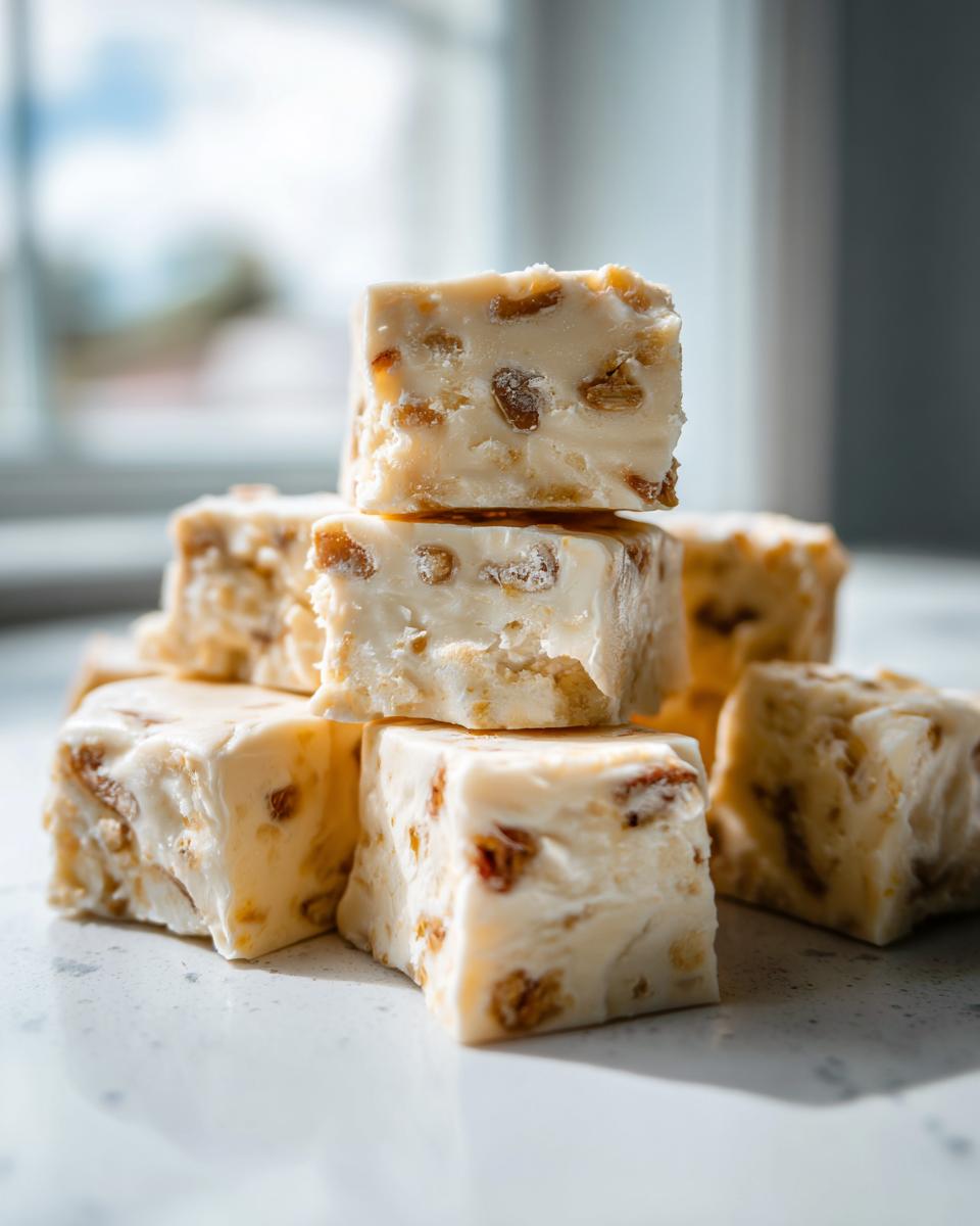 A close-up stack of creamy white chocolate fudge squares, studded with visible pieces of dried fruit or nuts.
