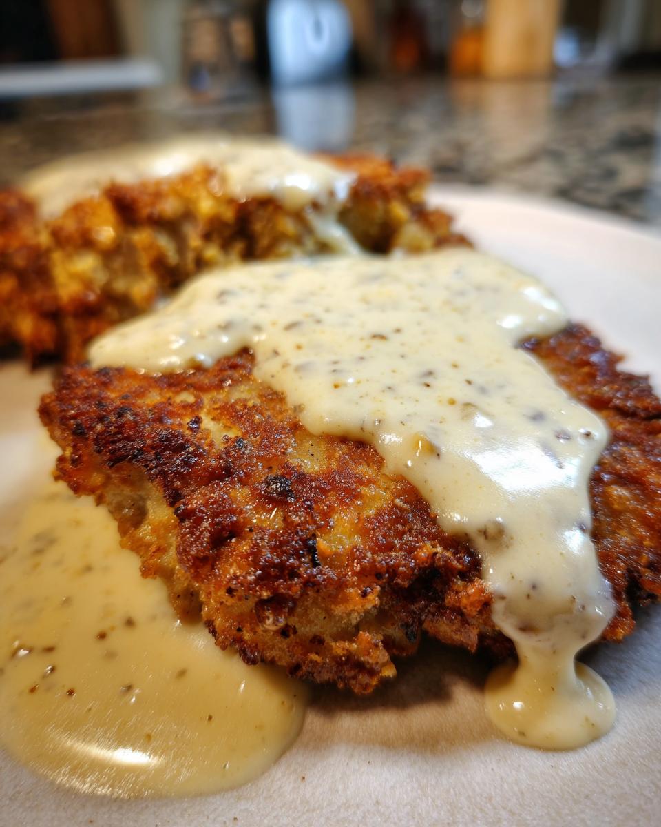 Close-up of a perfectly cooked chicken fried steak patty covered in rich, creamy peppered gravy.