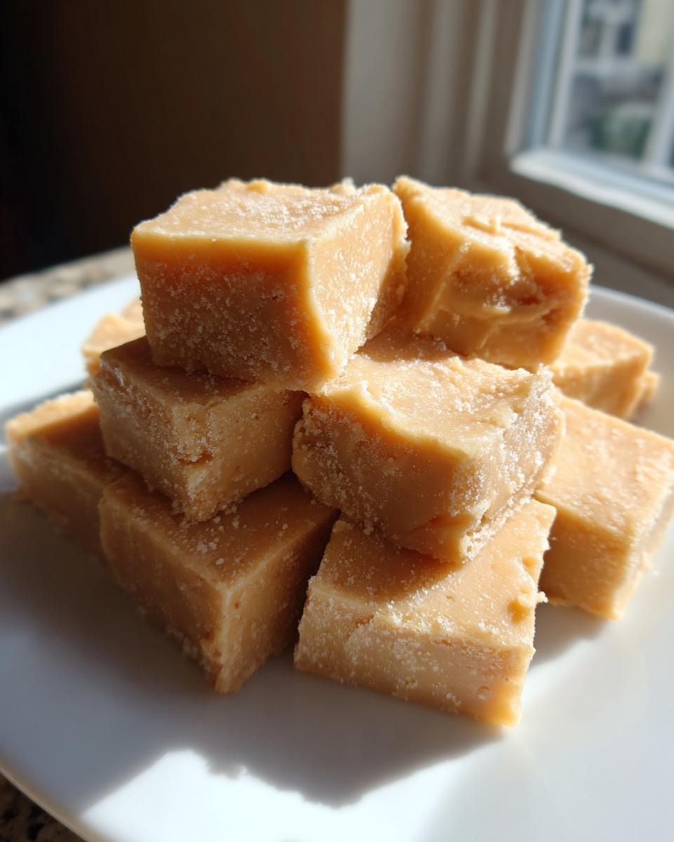 A stack of creamy, light brown peanut butter fudge squares dusted with sugar, sitting on a white plate.