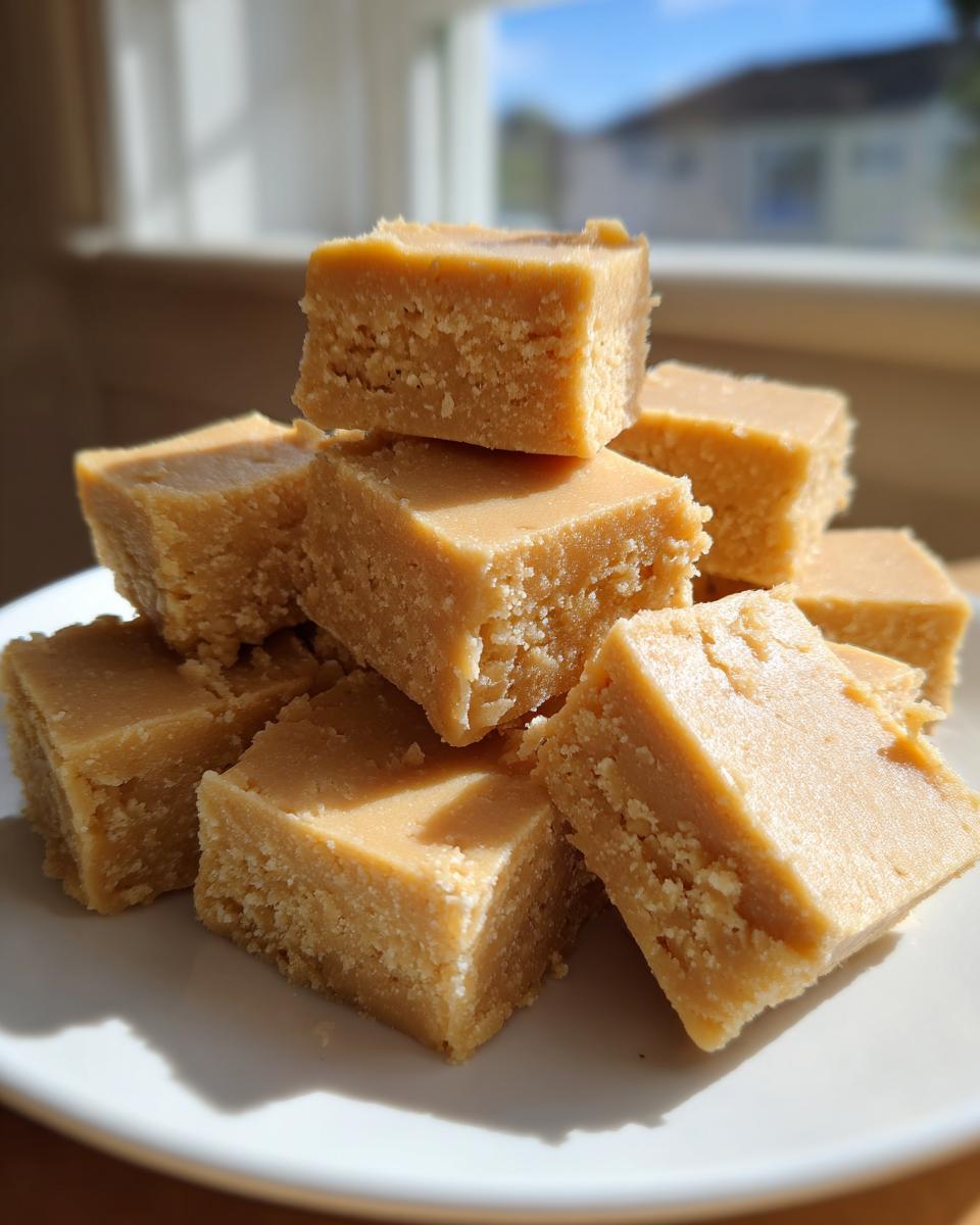 A stack of creamy, light brown squares of homemade peanut butter fudge resting on a white plate.