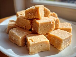 A close-up stack of creamy, light brown peanut butter fudge squares sitting on a white plate.