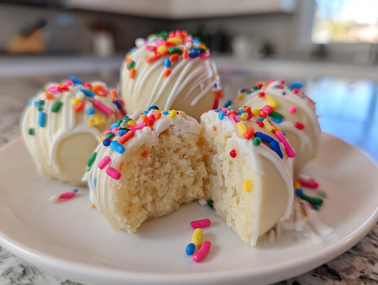 A plate of white chocolate-covered sugar cookie truffles, one is bitten open showing the soft interior, topped with colorful sprinkles.