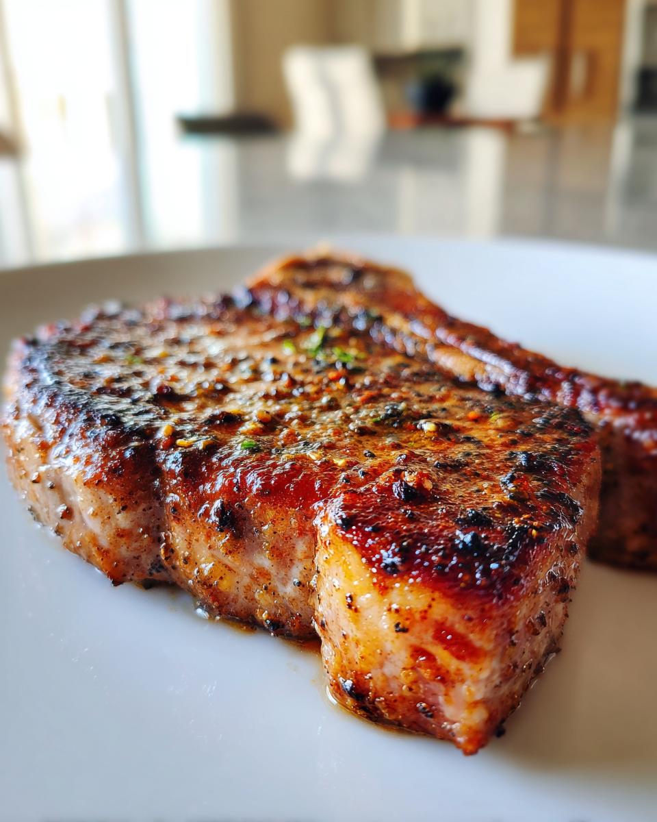 Close-up of a thick, juicy air fryer pork chop with a beautifully seasoned, seared crust, resting on a white plate.