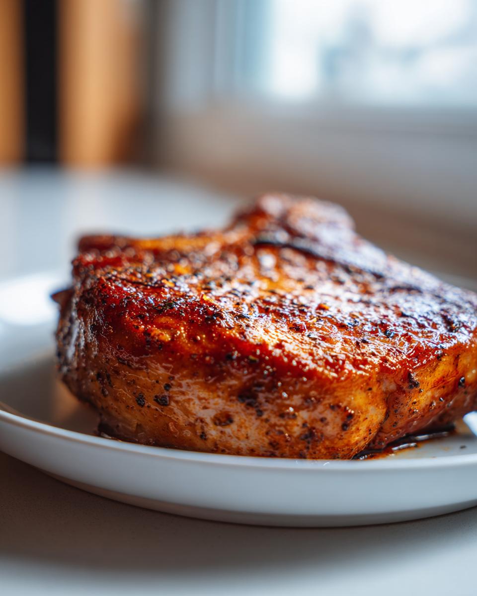 Close-up of a juicy, seasoned air fryer pork chop with a beautifully browned crust resting on a white plate.