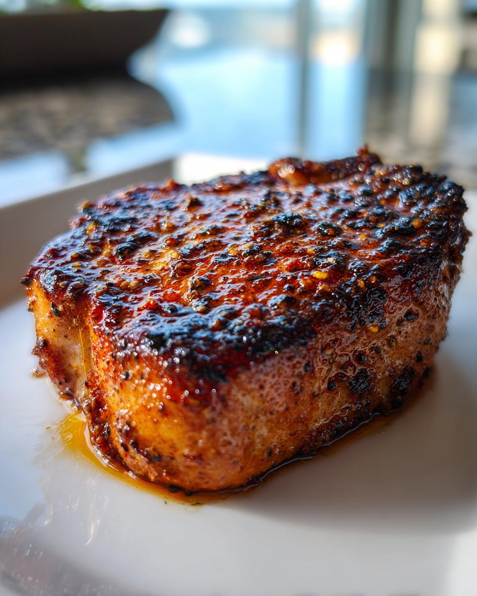 Close-up of a thick, juicy air fryer pork chop with a dark, caramelized, and spicy glaze resting on a white plate.