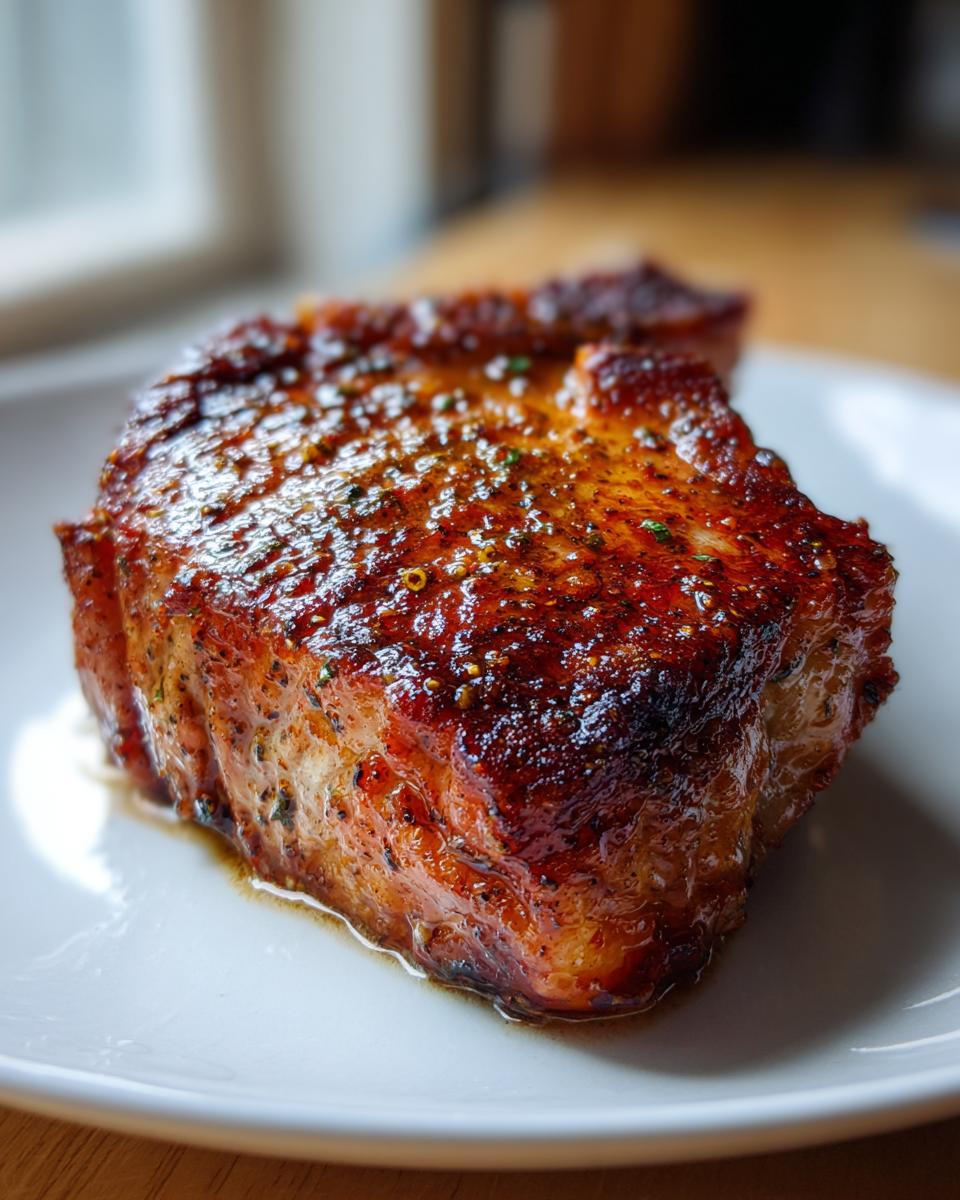 Close-up of a juicy, beautifully seared air fryer pork chop resting on a white plate.