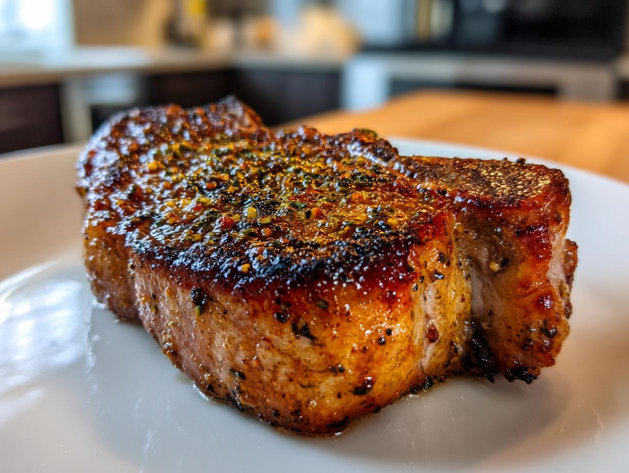 Close-up of a thick, juicy, and perfectly seared air fryer pork chops seasoned with herbs and spices.
