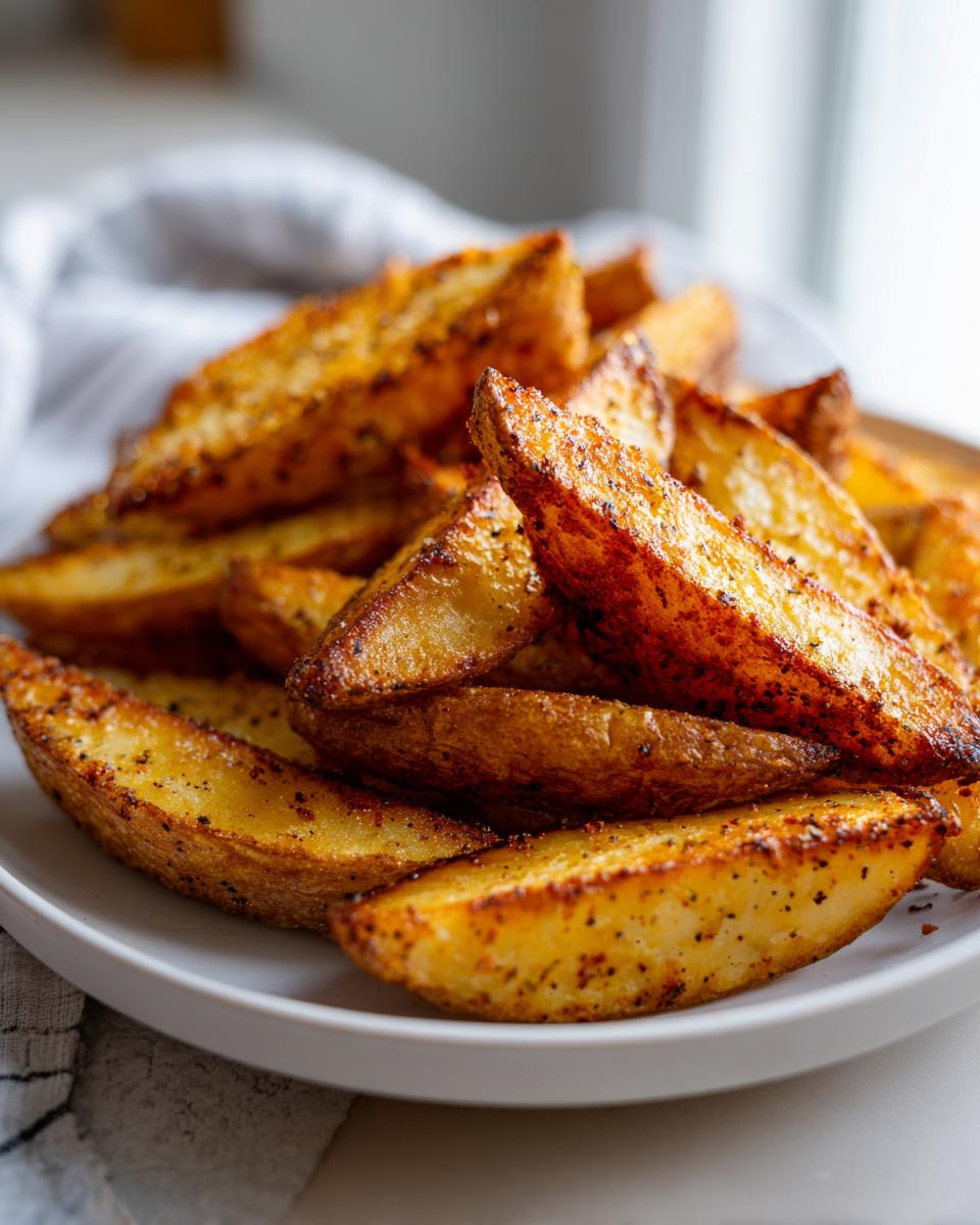 A close-up shot of a plate piled high with golden brown, seasoned air fryer potato wedges.