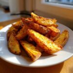 A close-up of a pile of golden, seasoned air fryer potato wedges served on a white plate, catching bright sunlight.