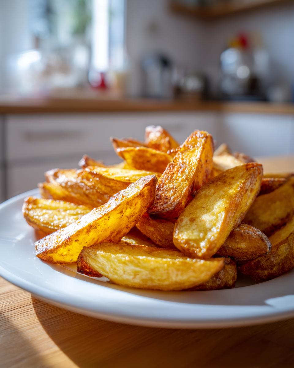 A close-up of perfectly golden and crispy air fryer potato wedges piled high on a white plate.