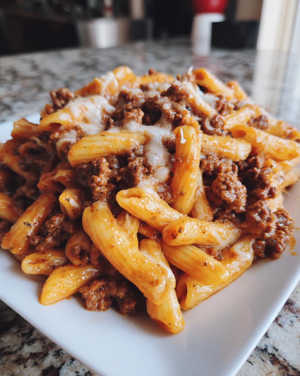 A close-up shot of a serving of amazing 1-Pot beef pasta featuring penne coated in a rich sauce and topped with melted mozzarella cheese.