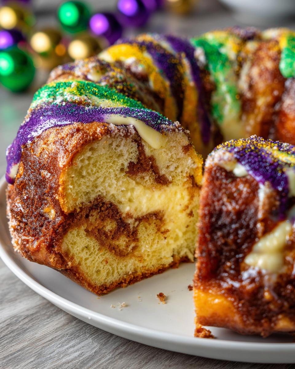 Close-up of a slice cut from a rich, cinnamon-swirled king cake topped with purple, green, and gold icing.
