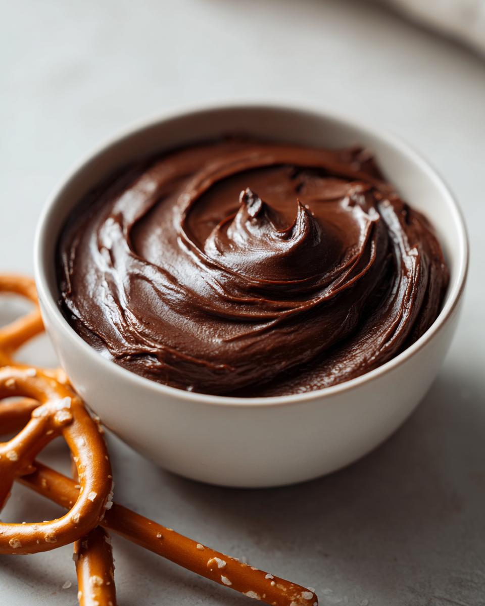 A white bowl filled with thick, glossy chocolate dip, served alongside salted pretzels.