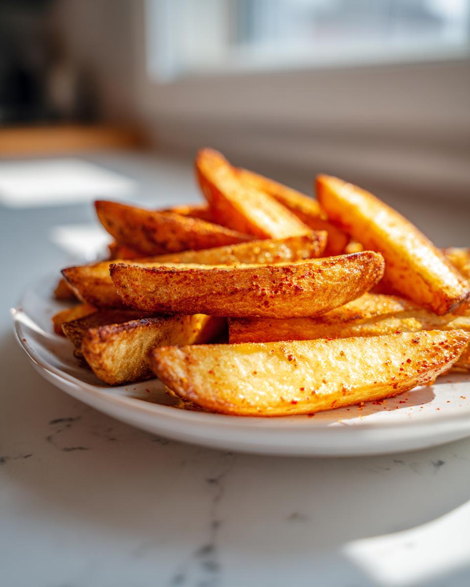 Close-up of perfectly golden and crispy air fryer potato wedges seasoned with spices, piled on a white plate.