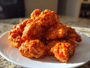 A close-up photo of a pile of crispy, saucy bang bang chicken pieces served on a white plate.