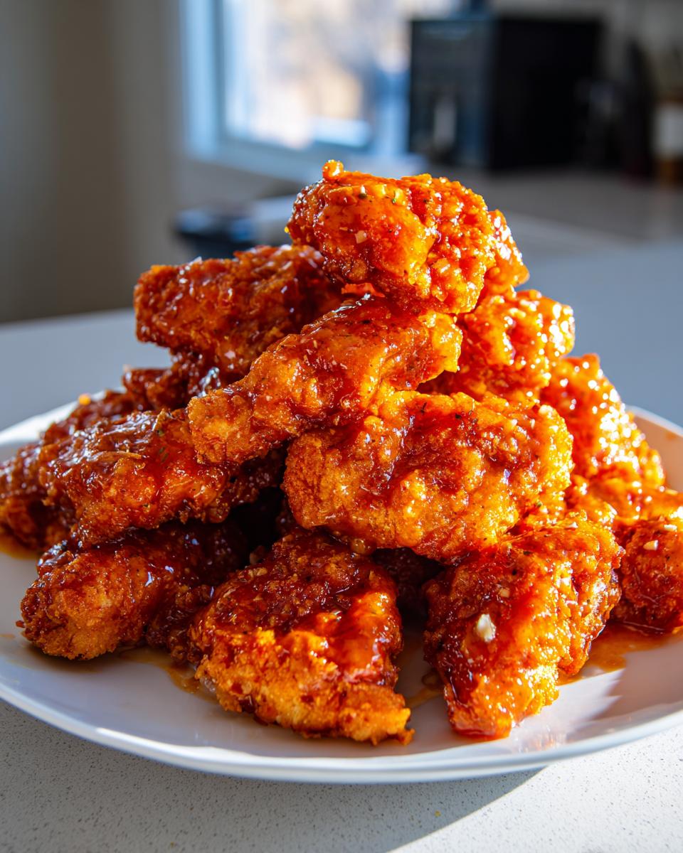 A tall pile of crispy, deep-fried bang bang chicken pieces coated in a glossy, spicy orange sauce, served on a white plate.