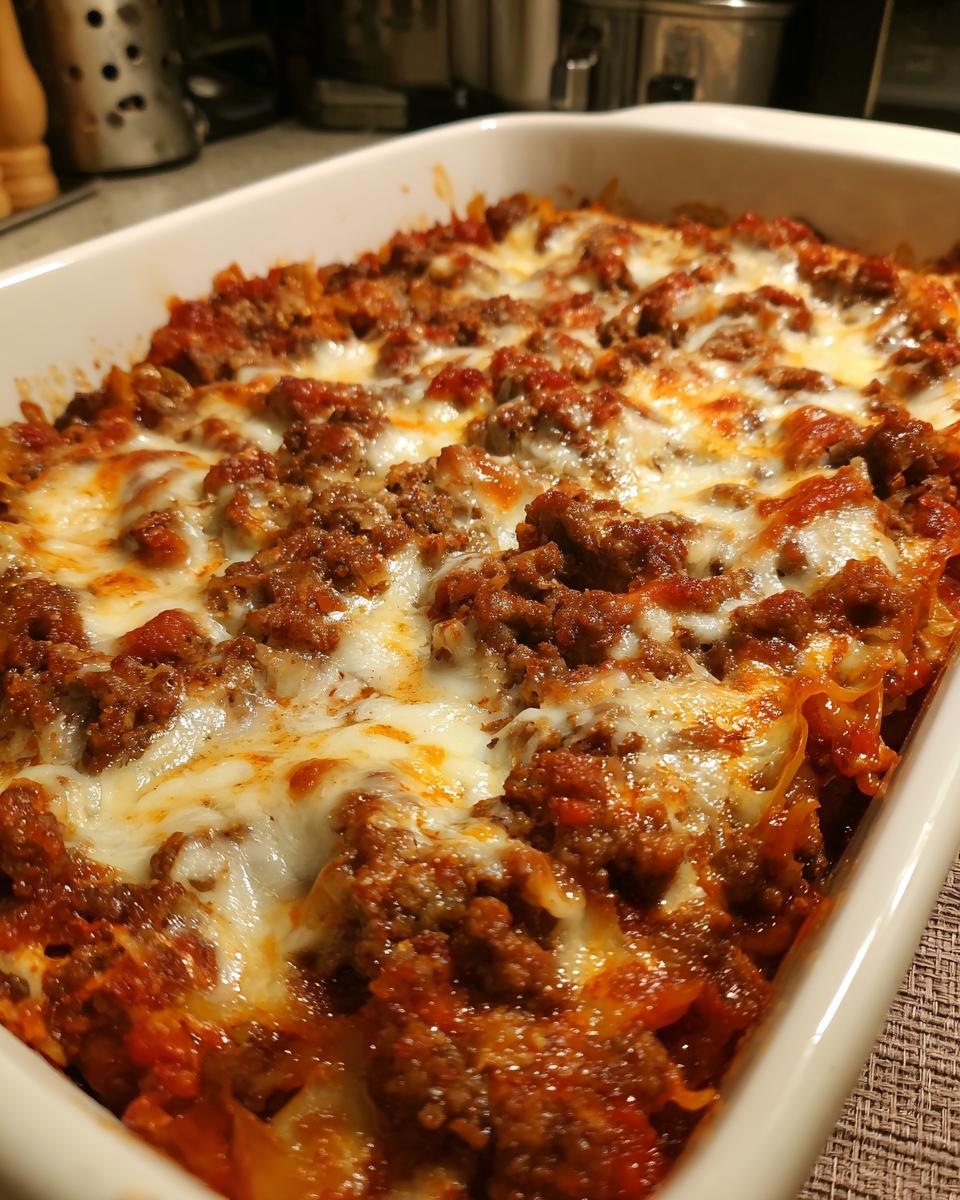 Close-up of a baked cabbage recipe casserole topped with melted cheese and rich meat sauce.