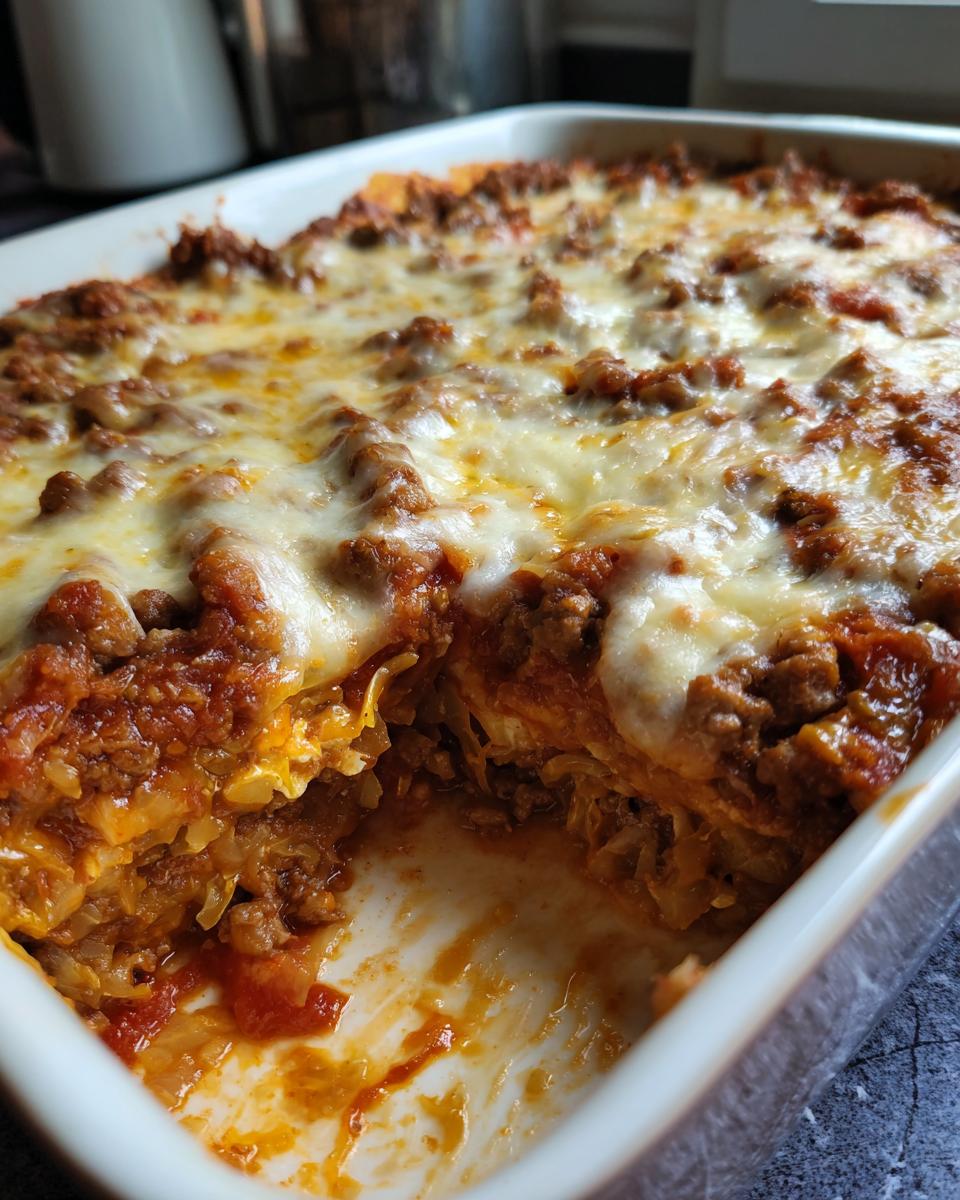 Close-up of a baked casserole dish showing layers of meat sauce and cabbage, topped with melted cheese, part of the dish is served.