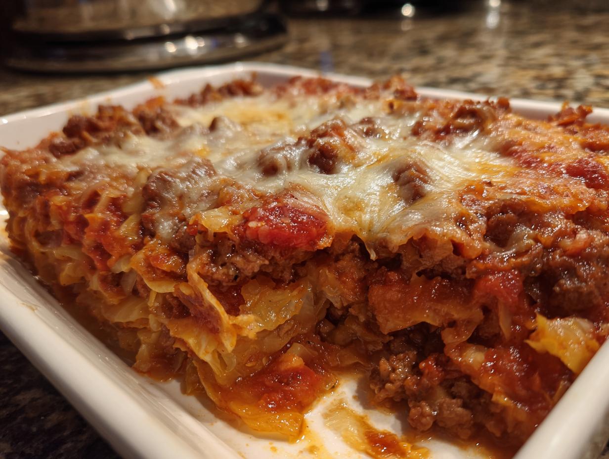 Close-up of a hearty slice of baked cabbage recipe casserole layered with meat sauce and melted cheese.
