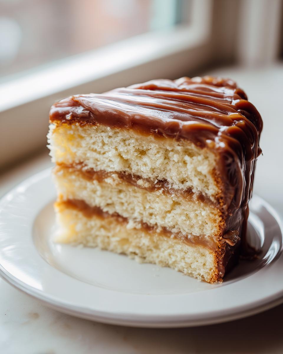 Close-up of a moist slice of three-layer caramel cake topped and filled with thick, glossy caramel frosting.