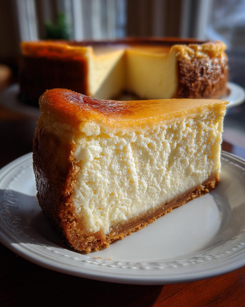 A thick, creamy slice of baked cheesecake with a golden-brown top and graham cracker crust, part of a whole cheesecake recipe in the background.