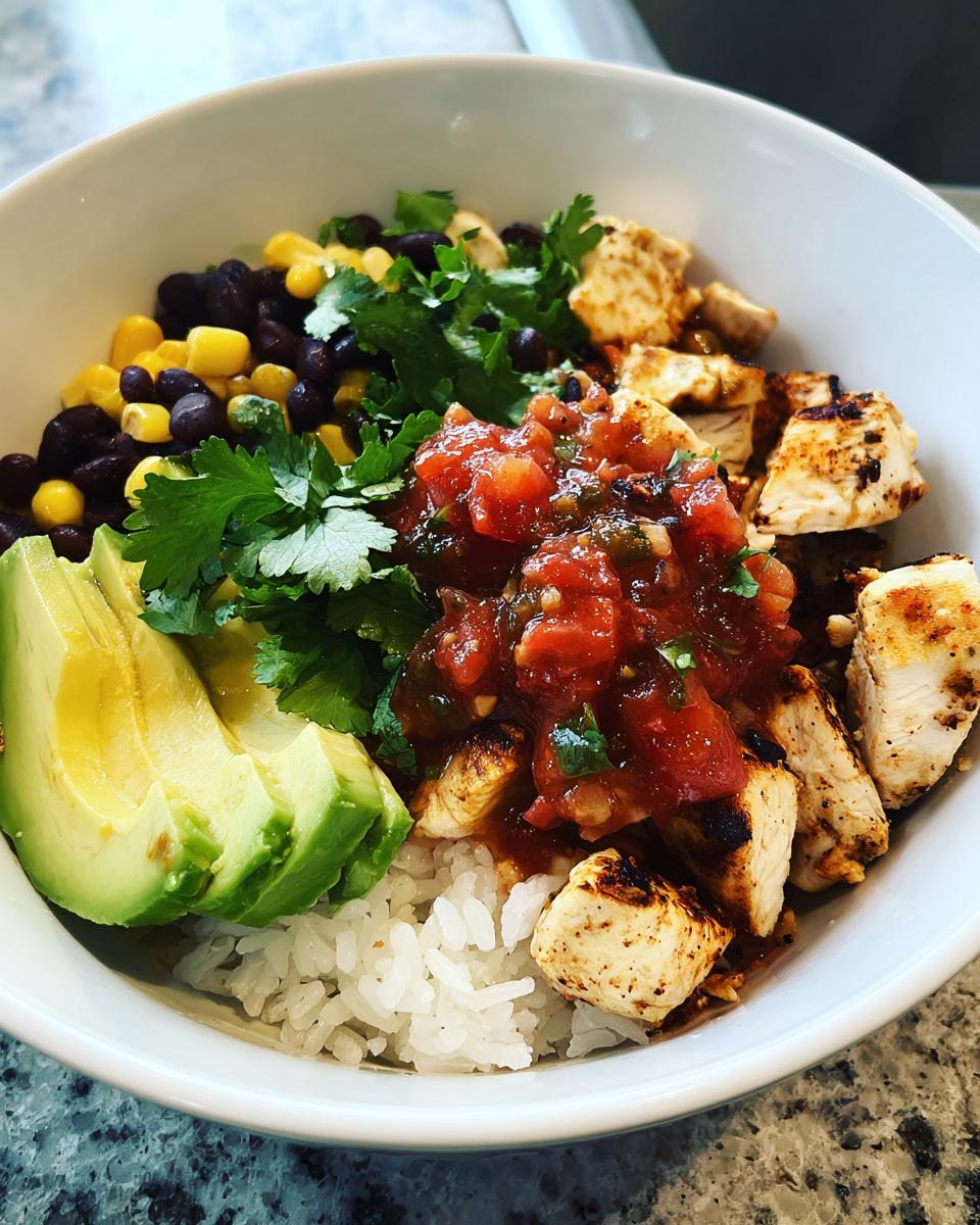 A vibrant, close-up view of a chicken burrito bowl featuring grilled chicken, white rice, black beans, corn, salsa, avocado, and cilantro.