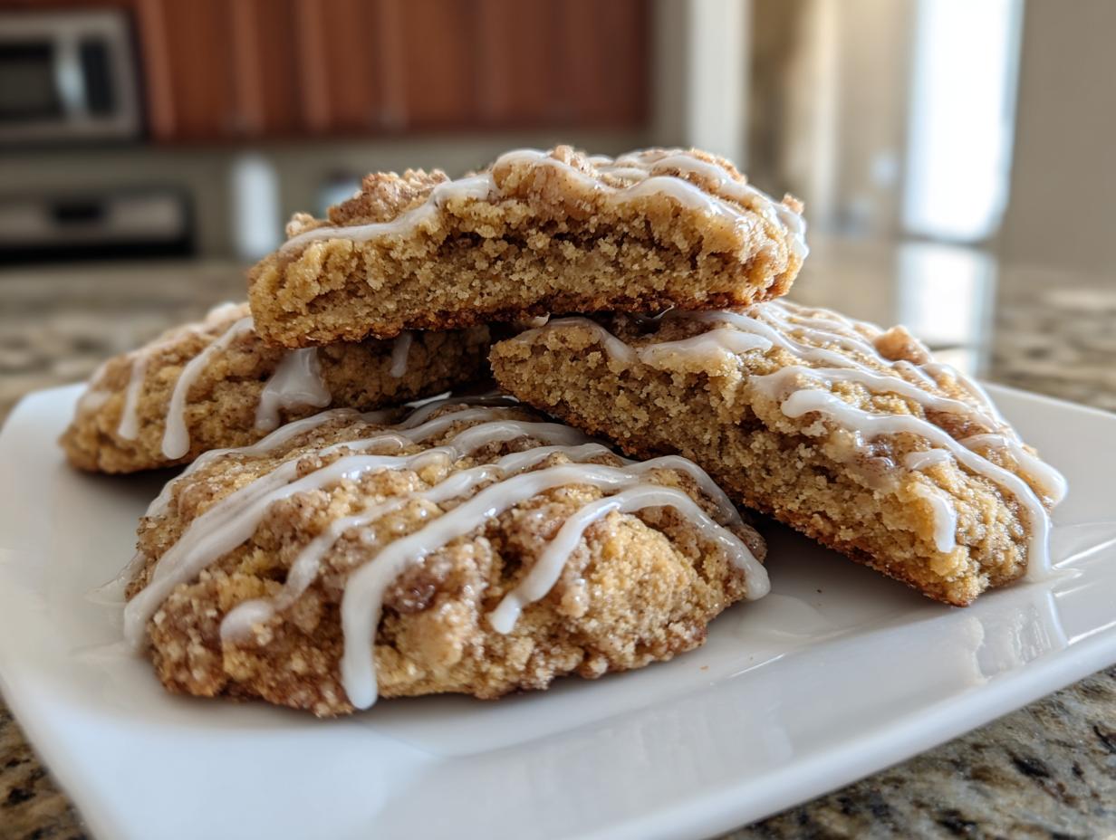 A stack of four soft coffee cake cookies topped with cinnamon streusel and drizzled with white vanilla icing.