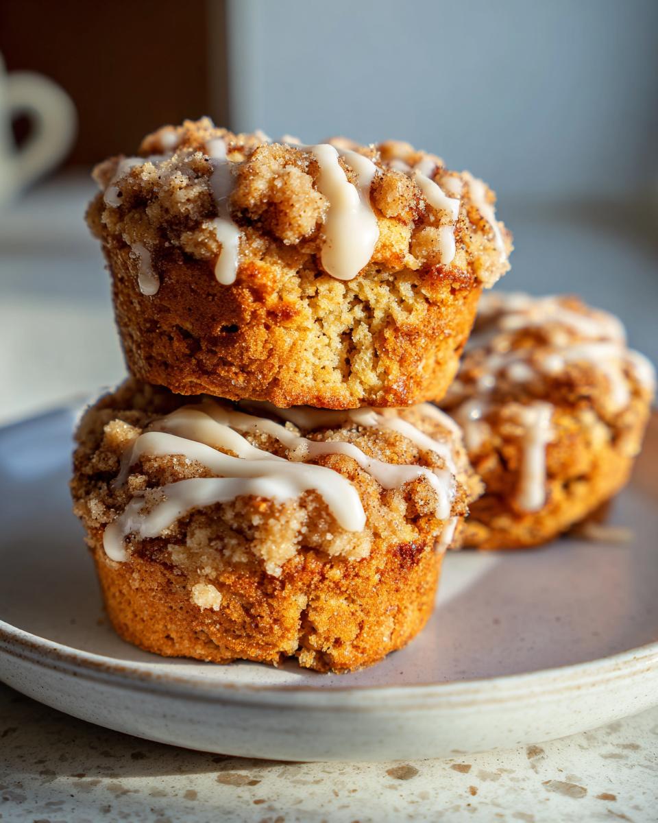 Close-up of two stacked coffee cake cookies topped with cinnamon streusel and a vanilla glaze drizzle.