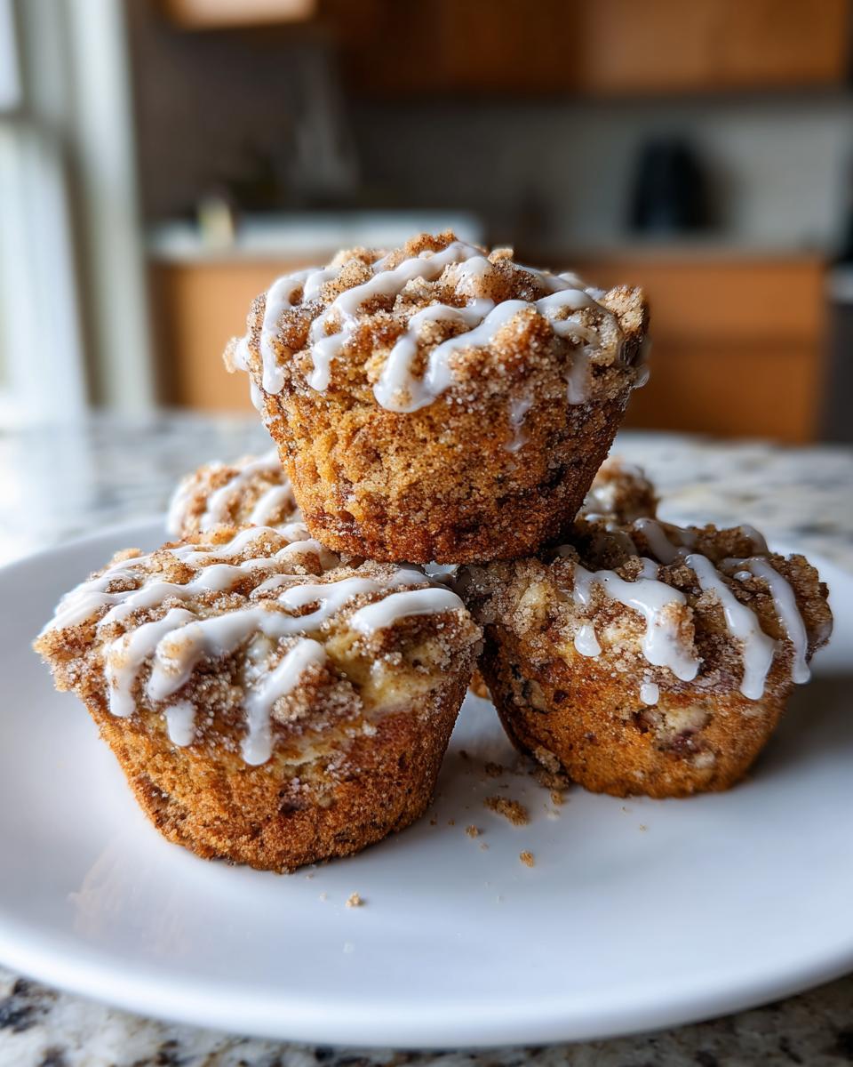 A stack of four moist coffee cake cookies topped with cinnamon streusel and white vanilla glaze, resting on a white plate.
