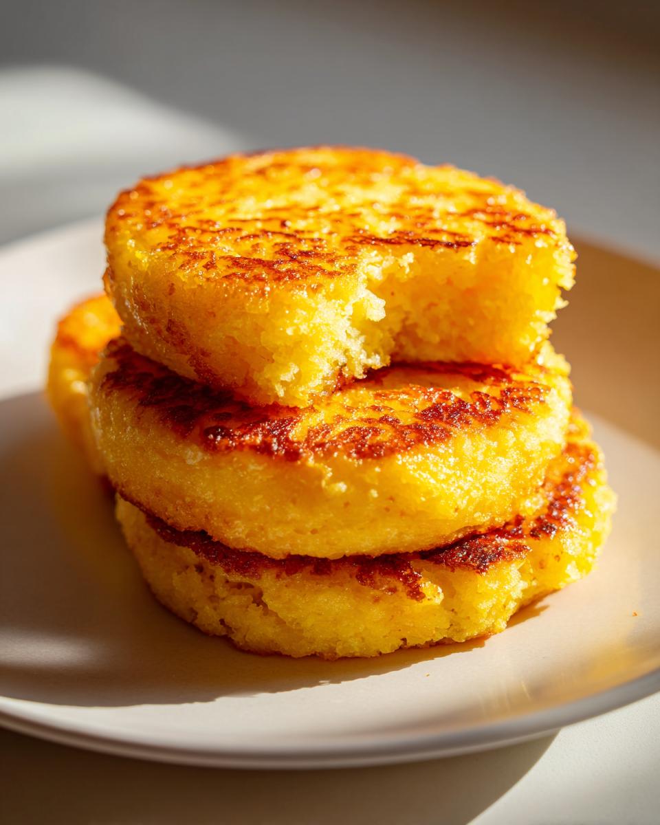 A stack of three golden, round pieces of amazing fried cornbread on a plate, with a bite taken out of the top piece.