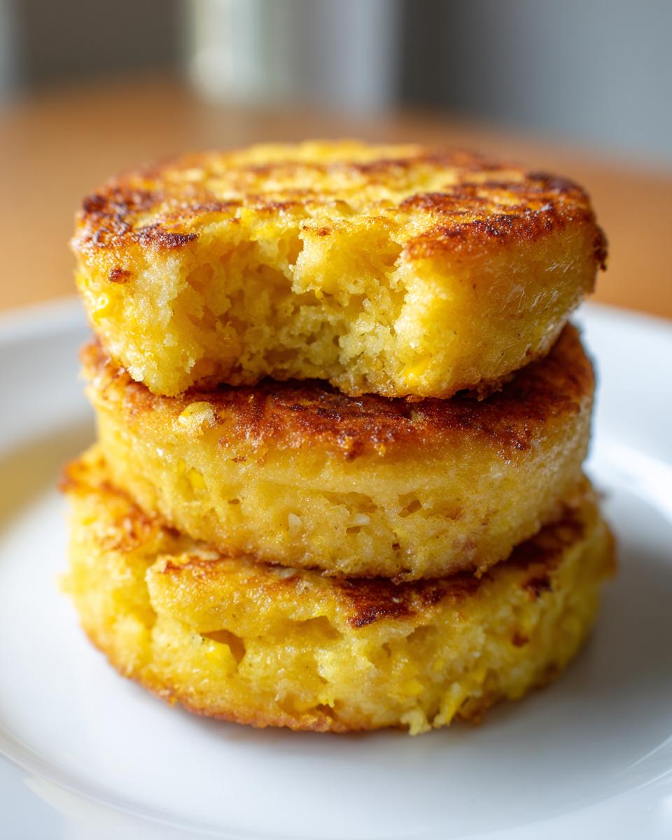 Close-up of three golden brown, round pieces of fried cornbread stacked on a white plate, with a bite taken out of the top one.