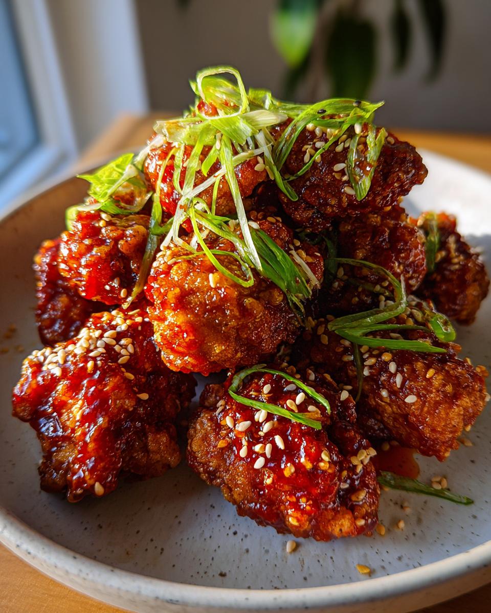 A close-up of crispy Korean fried chicken pieces coated in a glossy red sauce, topped with sesame seeds and fresh scallions.