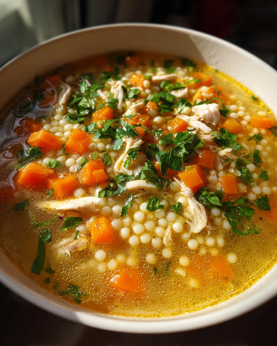 Close-up of a comforting bowl of penicillin soup featuring shredded chicken, diced carrots, Israeli couscous, and fresh parsley.