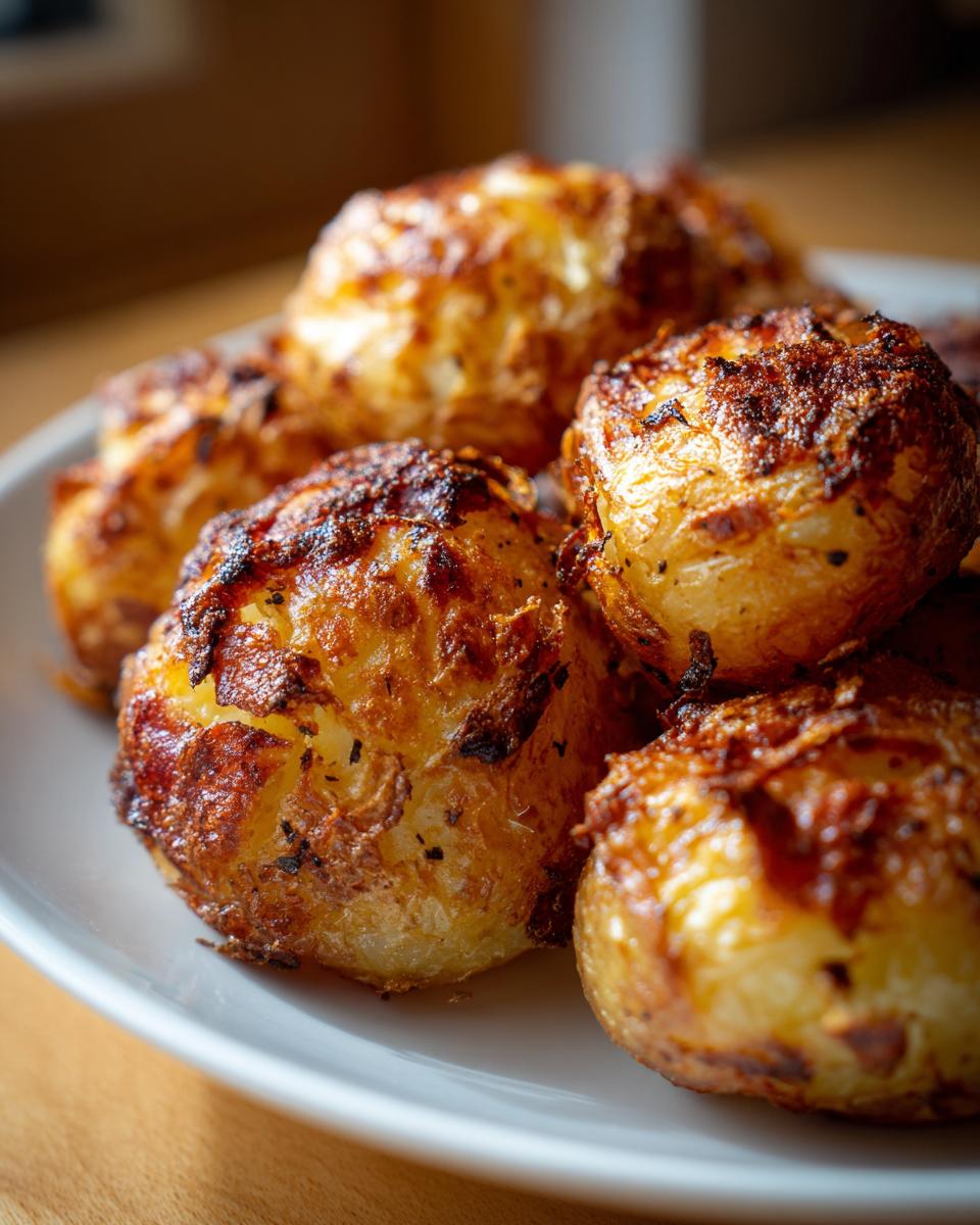 Close-up of several perfectly golden and crispy roast potatoes piled on a white plate.