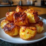 A close-up stack of golden brown, incredibly crispy roast potatoes piled high on a white plate.