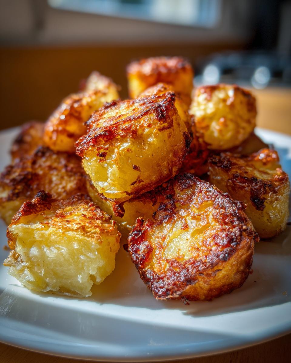 Close-up of golden brown, incredibly crispy roast potatoes piled high on a white plate.