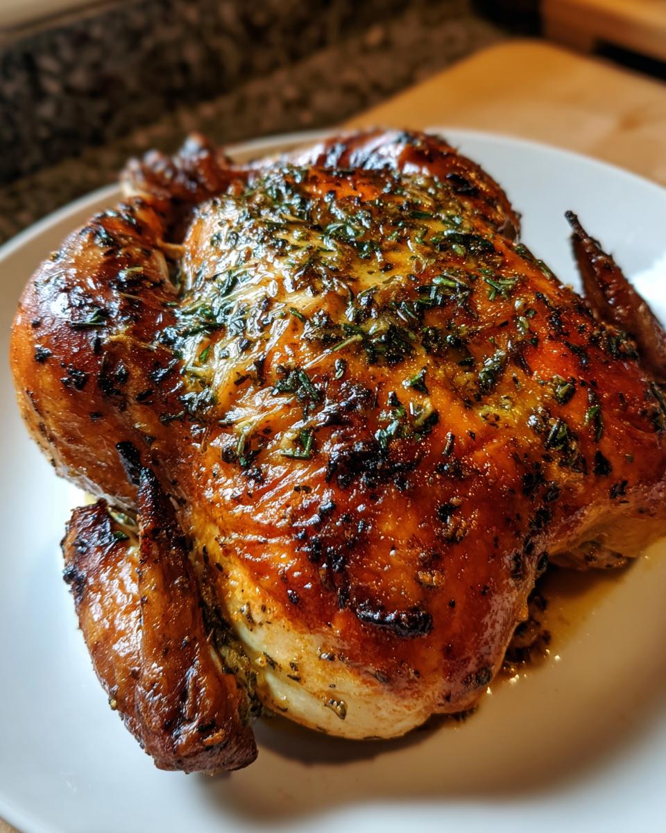 A whole, beautifully browned roasted chicken, glistening with glaze and topped with fresh herbs, served on a white plate.