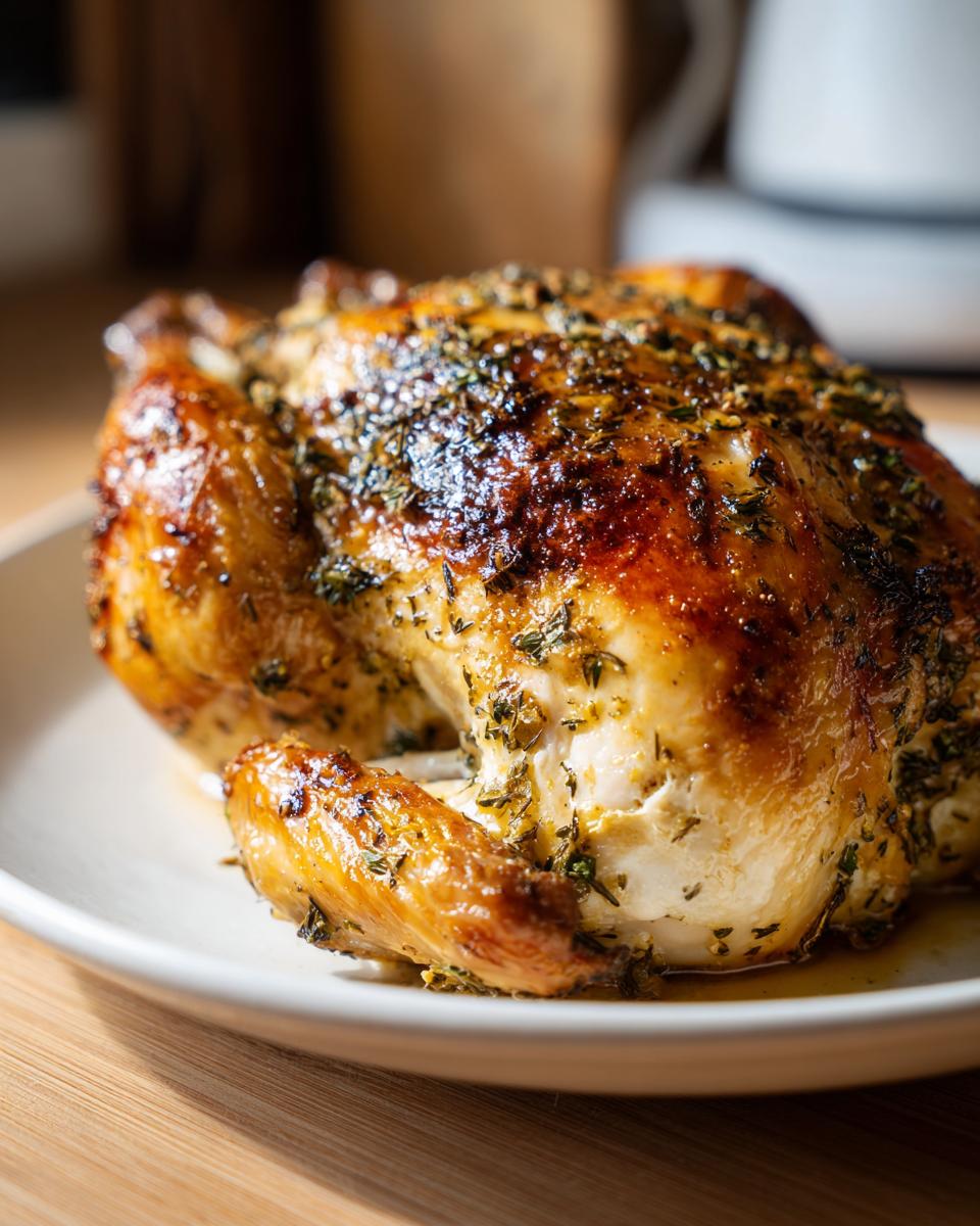 A whole, golden-brown roasted chicken seasoned with herbs, resting on a white plate.