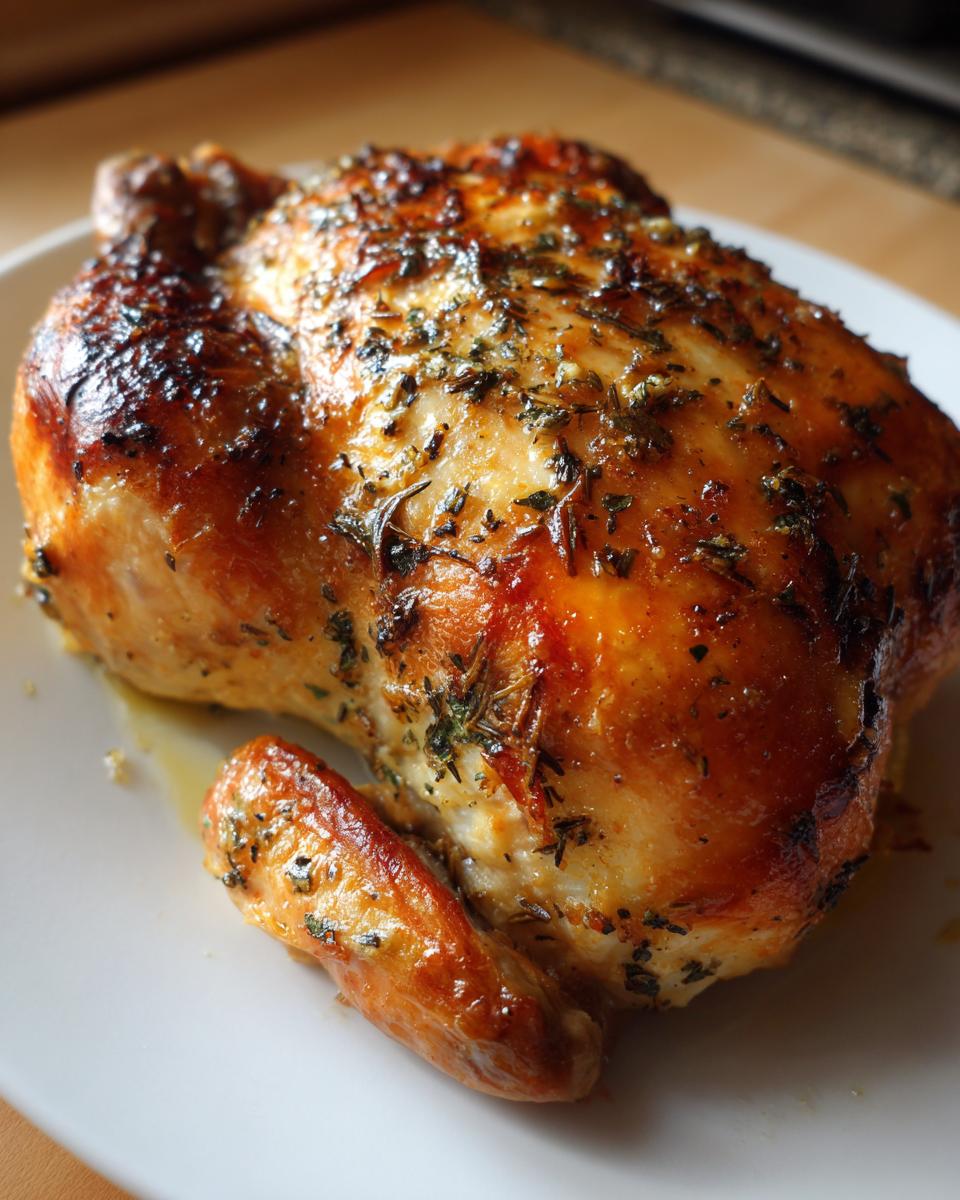 Close-up of a whole roasted chicken with crispy, golden-brown skin seasoned with herbs.