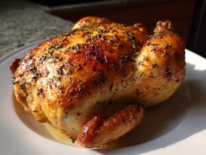 A whole, perfectly cooked roasted chicken with golden brown, herb-crusted skin resting on a white plate.