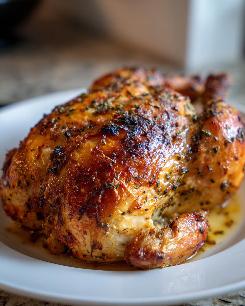 A whole, beautifully browned roasted chicken, seasoned with herbs, resting on a white plate.