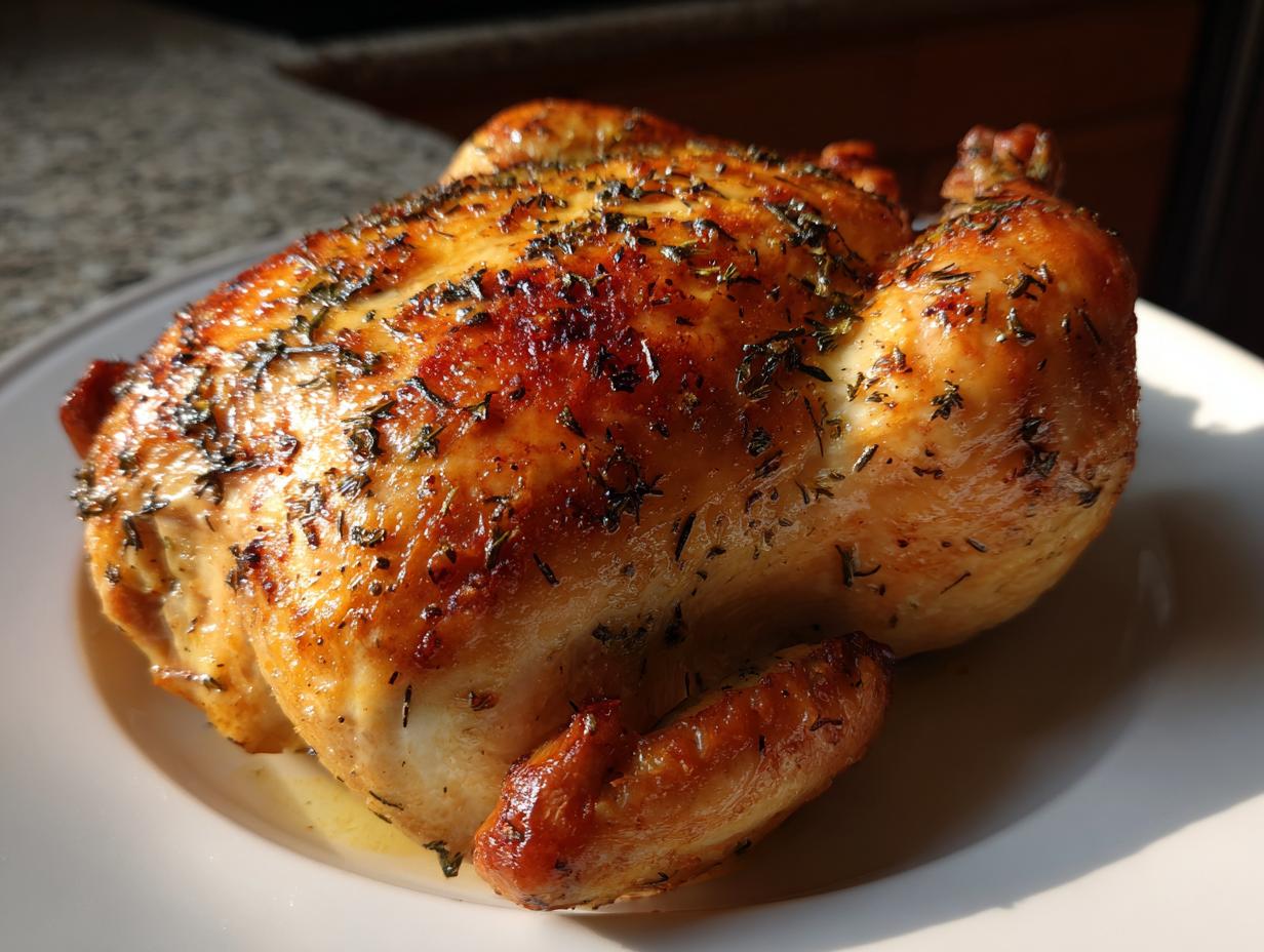 A whole, perfectly cooked roasted chicken with golden brown, herb-crusted skin resting on a white plate.
