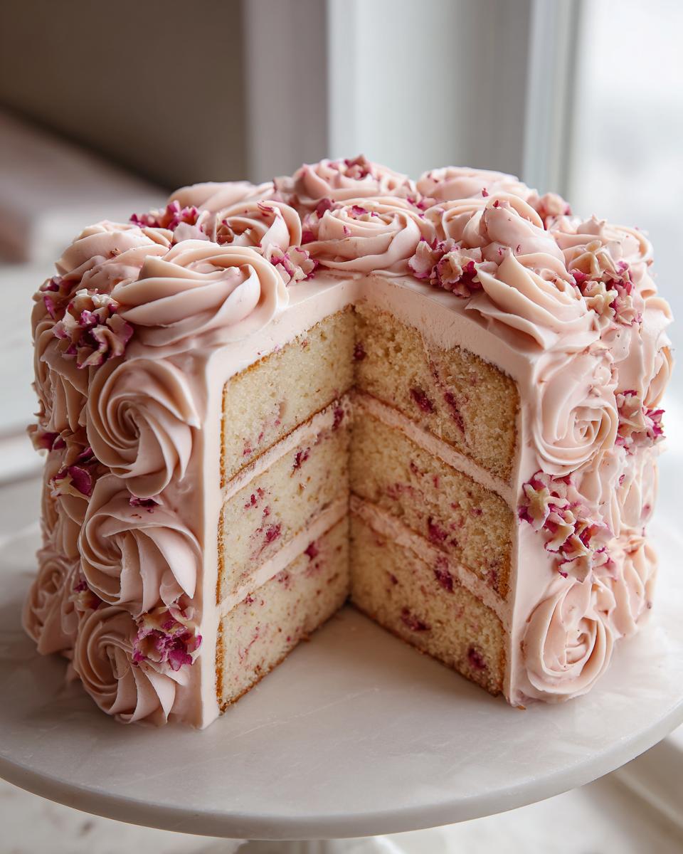 A slice removed from a stunning three-layer rose cake showing pink frosting roses and berry flecks inside.